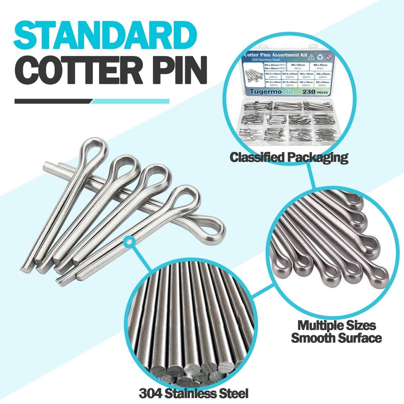 Tugermoola 230PCS 12 Sizes Cotter Pins Assortment Kit 304 Stainless Steel Split Pin Fastener Clips OLA001 - Image 3
